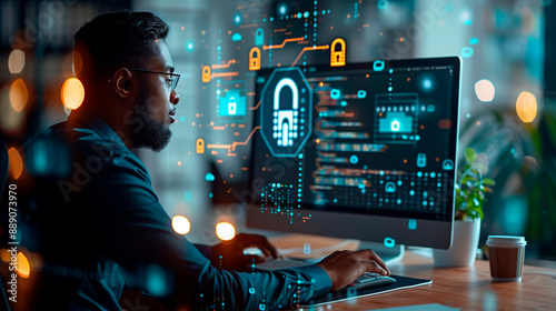 a business professional working on a computer with AI-driven cybersecurity measures, featuring digital locks and data protection symbols, AI cybersecurity, business protection, dat photo