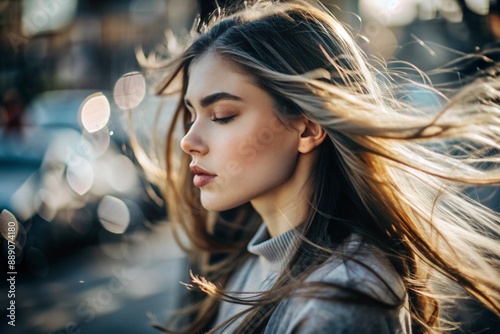 A beautiful, young woman with a thoughtful look. The hair develops in the wind and gives a feeling of lightness and naturalness.