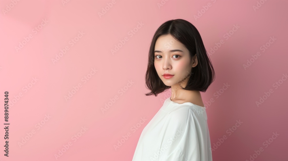 Portrait of a Young Woman with Short Black Hair Against a Pink Background in Casual White Shirt Portrait of a Young Woman with Short Black Hair Against a Pink Background in Casual White Shirt