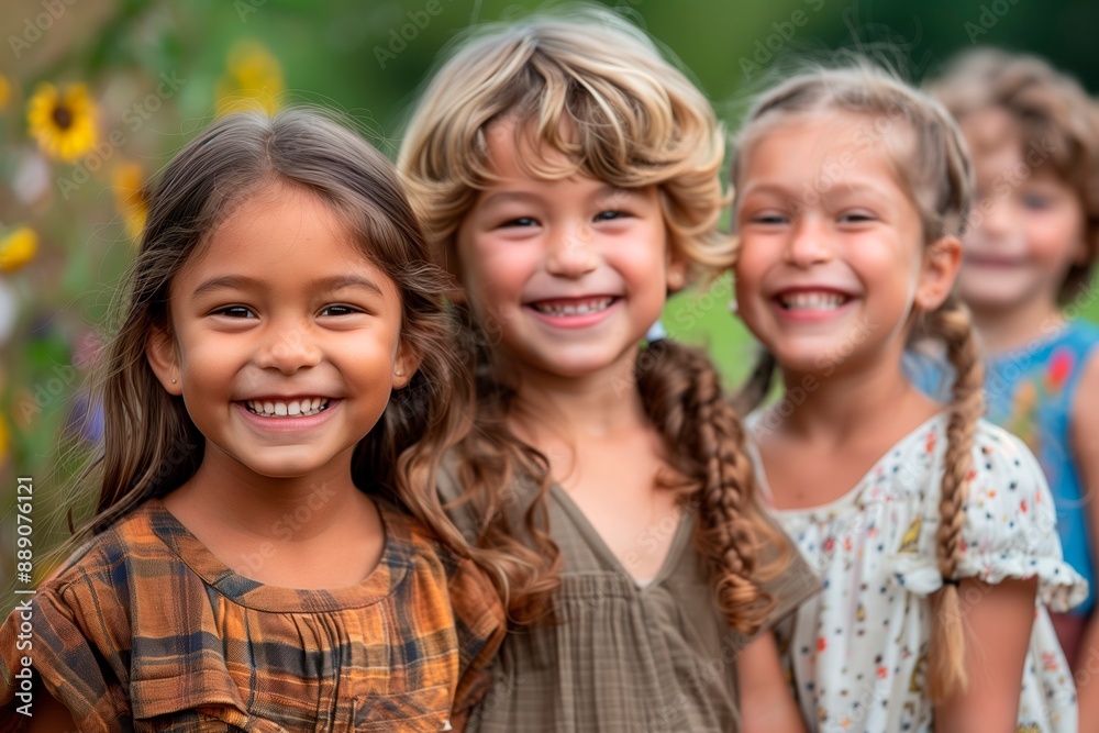 Three children smiling cheerful to the camera. Park scene at day time. Youth smile Three children smiling cheerful to the camera. Park scene at day time. Youth smile