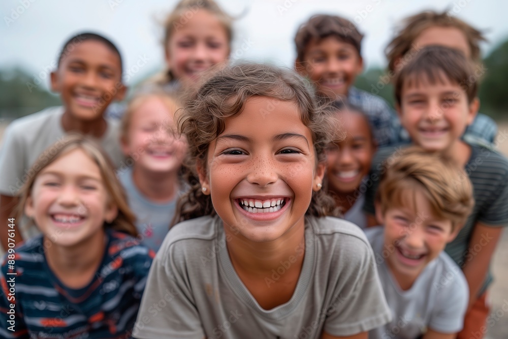 Brunette girl is smiling and looking to the camera with her friends behind. Outdoors scene. Cheerful youth Brunette girl is smiling and looking to the camera with her friends behind. Outdoors scene. Cheerful youth