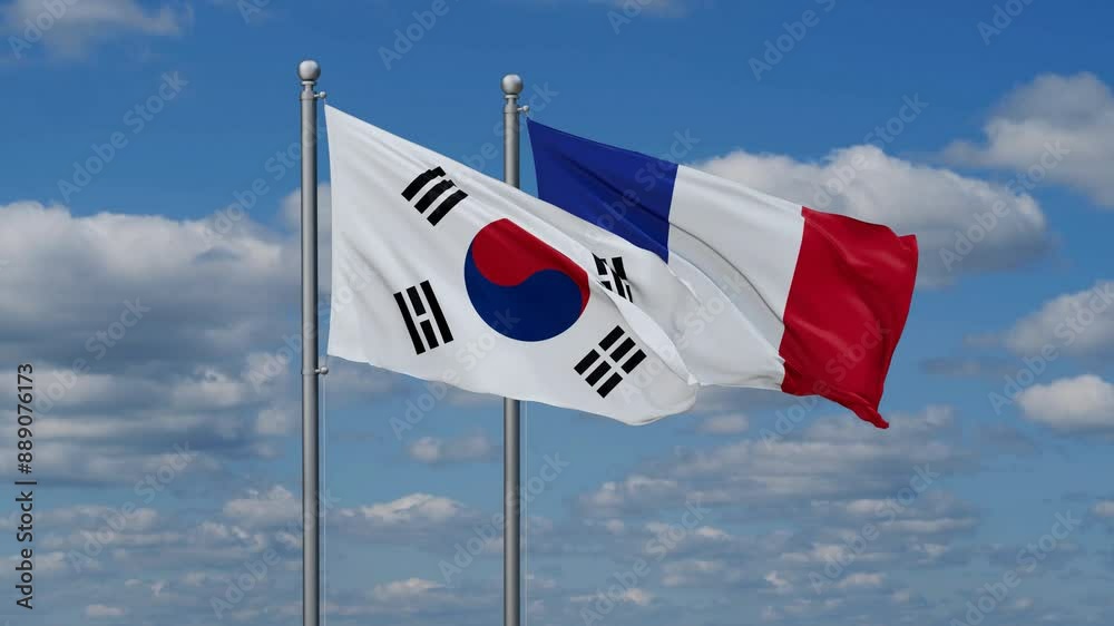 France and South Korea flags waving together, looped video, two country relations concept France and South Korea flags waving together, looped video, two country relations concept