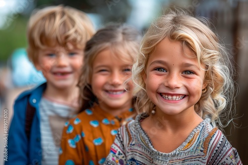 Three blonde children smiling. Selective focus in one girl. Smiling faces. Outdoors scene © STOCK IMAGES STALL