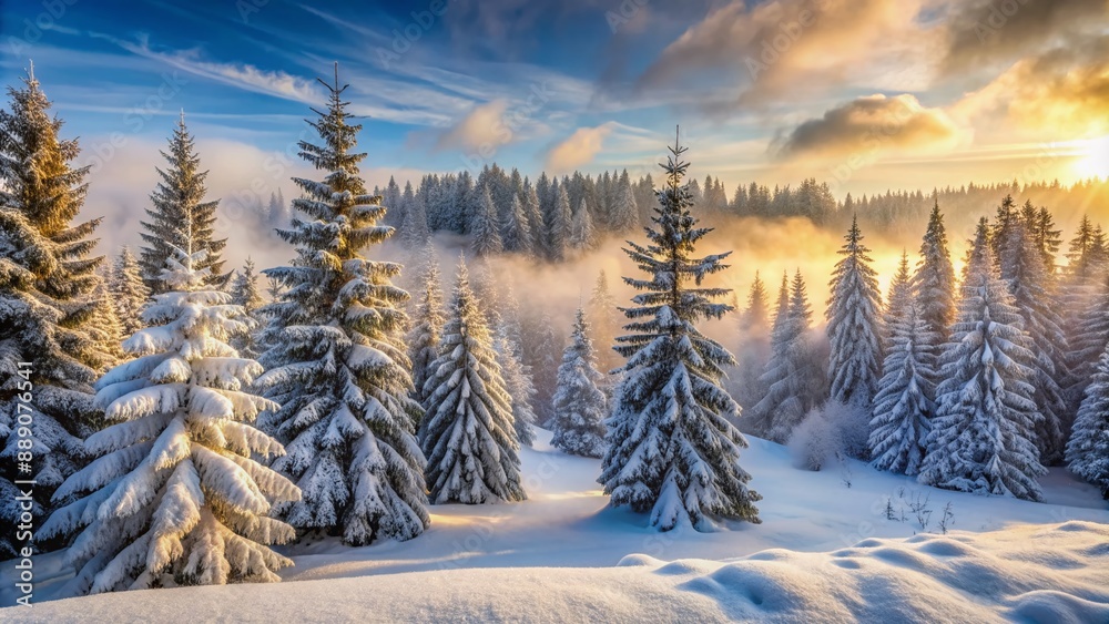 Fototapeta premium Serene winter landscape featuring a snow-covered forest with frosted evergreen trees, icy mist, and a blanket of pristine white snow covering the forest floor.