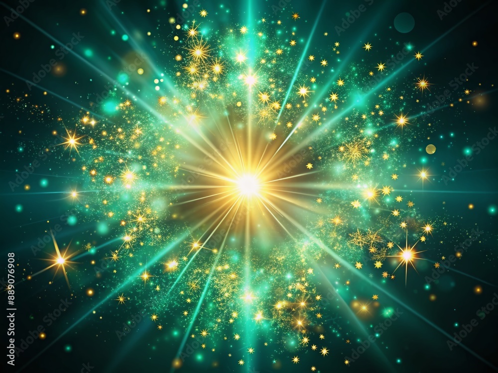 Vibrant teal and mint abstract light burst radiates golden sparkles on a mysterious dark background, evoking a sense of whimsical magic and celestial wonder. Vibrant teal and mint abstract light burst radiates golden sparkles on a mysterious dark background, evoking a sense of whimsical magic and celestial wonder.