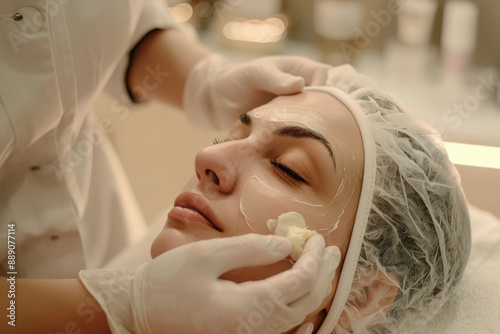 Rostro de mujer joven recibiendo un tratamiento estético facial, por parte de una profesional, sobre fondo desenfocado de clínica estética o spa photo