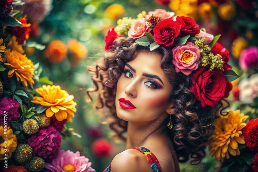 Vibrant flowers envelop a whimsical, curly-haired Latina woman in a soft focus, retro-inspired setting, evoking nostalgic feelings of a bygone era's feminine charm. Vibrant flowers envelop a whimsical, curly-haired Latina woman in a soft focus, retro-inspired setting, evoking nostalgic feelings of a bygone era's feminine charm.