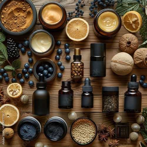 Natural skincare products arranged on a rustic wooden background with fruits, nuts, and botanicals.