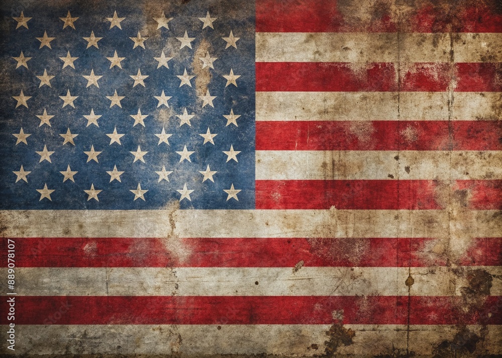 Weathered American flag with faded stars and stripes, distressed texture overlay evoking feelings of history, struggle, resilience, and national pride. Weathered American flag with faded stars and stripes, distressed texture overlay evoking feelings of history, struggle, resilience, and national pride.