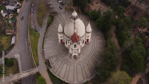 Aerial view of historic church, garden, park, people, and trees in urban Penafiel, Porto, Portugal. photo