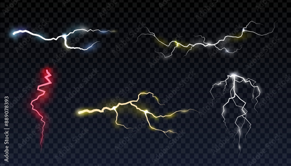 Cartoon lightning. Thunderbolt effect vector. lightning strike. lightning discharge. Isolated on checkered background