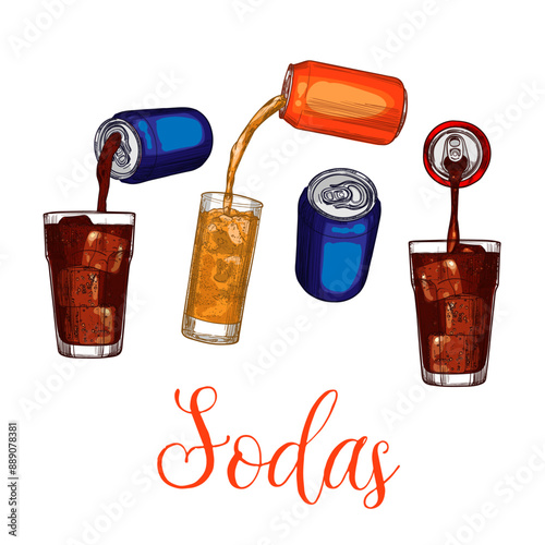 Soda in colored aluminum cans isolated on white background. Soft drinks assets. Drinks assets ready to use and easy to edit.