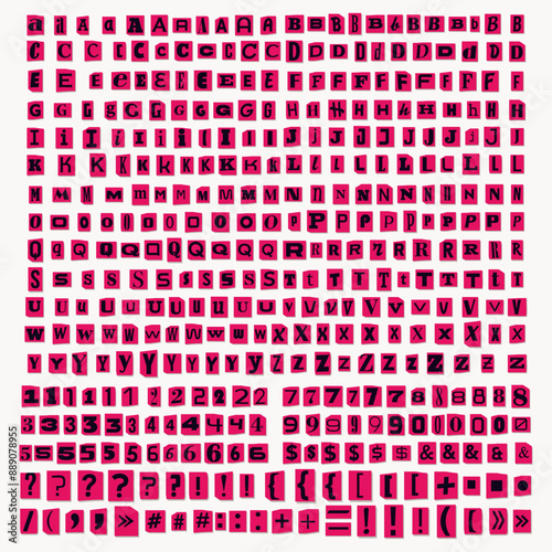 Paper Cutout ransom vector letters. Blackmail Ransom Kidnapper Anonymous Note Font Pink and Black. Letters, Numbers and punctuation symbols. Collage style criminal ransom letters. Compose your own