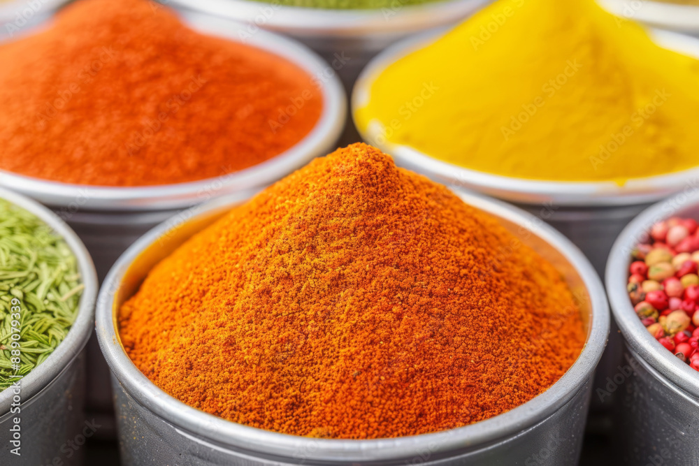 Hyperdetailed image of a spice market display, vibrant powders, textures visible Hyperdetailed image of a spice market display, vibrant powders, textures visible