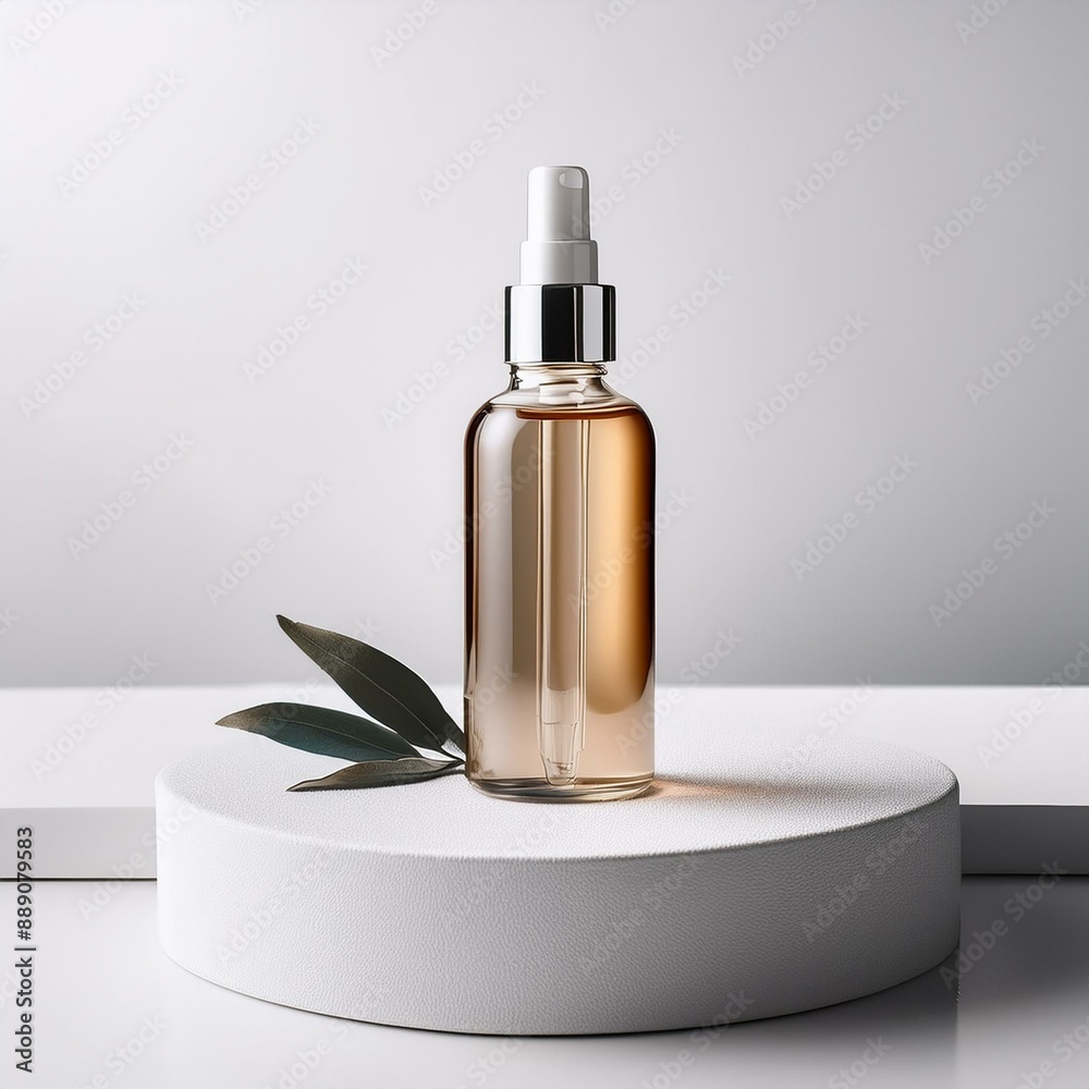 Naklejka premium ボタニカルなスキンケアボトル 化粧品容器 ナチュラルな植物と白い背景