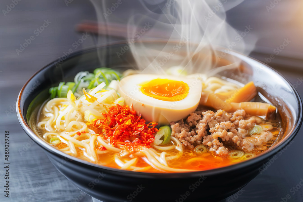 Highresolution capture of a steaming bowl of ramen, toppings perfectly placed Highresolution capture of a steaming bowl of ramen, toppings perfectly placed