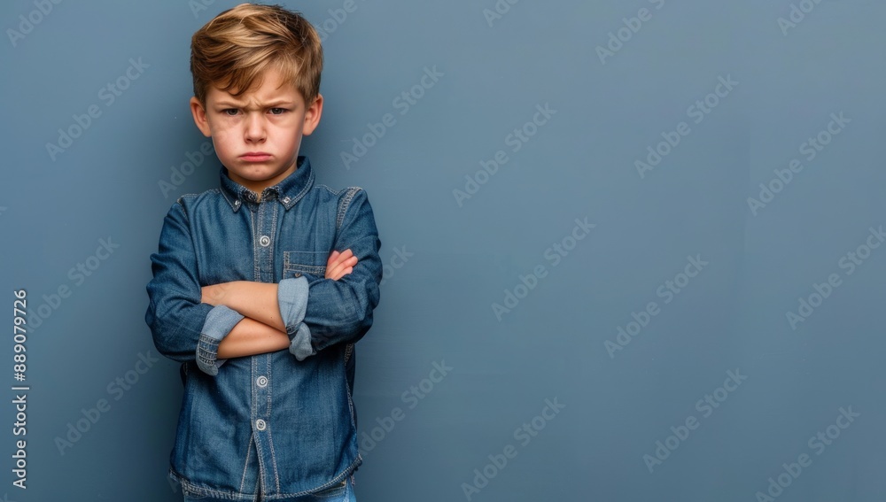 Mad male kid, angry little boy standing with his arms crossed, and looking at the camera with upset face expression. Mad male kid, angry little boy standing with his arms crossed, and looking at the camera with upset face expression.