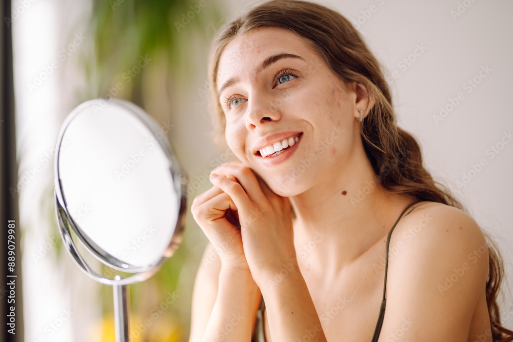 Portrait of a young woman without makeup with Acne skin. Skin problems, first mimic wrinkles or acne pimples, annoyed by blackheads. Portrait of a young woman without makeup with Acne skin. Skin problems, first mimic wrinkles or acne pimples, annoyed by blackheads.