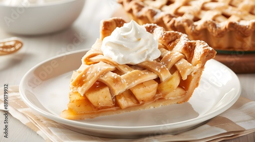 Slice of Classic Apple Pie Lattice Crust Whipped Cream Topping