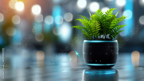 A small plant is sitting in a black pot on a table