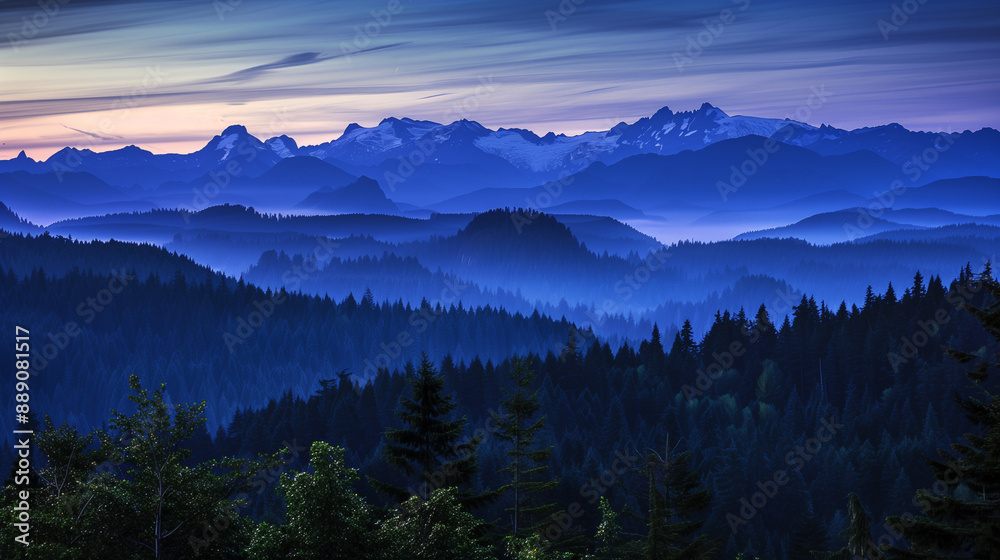 Obraz premium 1. Twilight settling over the Cascade Mountains after sunset.2. The serene blue hour descends over the Cascade Mountains post-sunset.