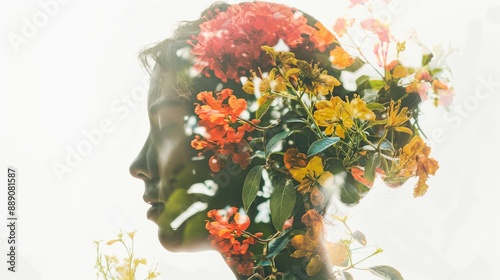 Double Exposure of Woman and Vibrant Flora.