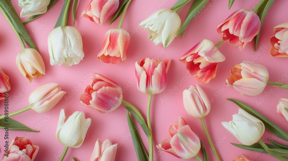 Tulips on pastel floral backdrop Top view flat lay for Women s Day spring and summer Tulips on pastel floral backdrop Top view flat lay for Women s Day spring and summer