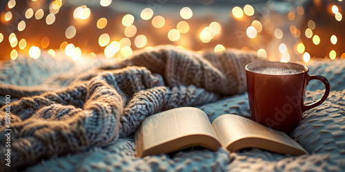A cozy reading scene with an open book with a cup of tea and a warm blanket, set against a winter background with soft lights. photo