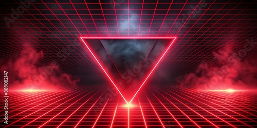 Abstract black red gaming background with modern luxury grid pattern retro vapor synthwave smoke fog, neon red light ray and triangle stripes line paper cut style photo