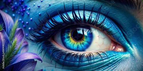 Vibrant blue iris with intricate details and subtle texture, surrounded by luscious lashes, gazing upward with an air of serenity and mysterious intensity.