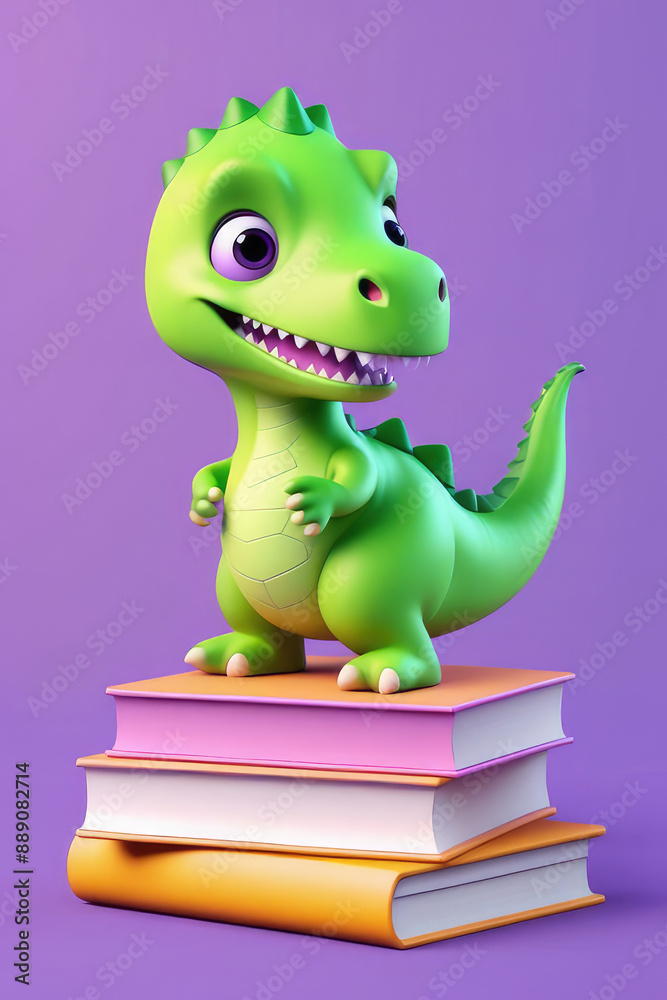 Naklejka premium Cute dinosaur reads a book on lilac background.