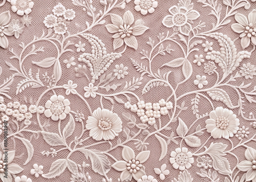 custom made wallpaper toronto digitalElegant white lace with intricate floral patterns delicately intertwined on a soft pale pink background, evoking romance, femininity, and vintage charm.