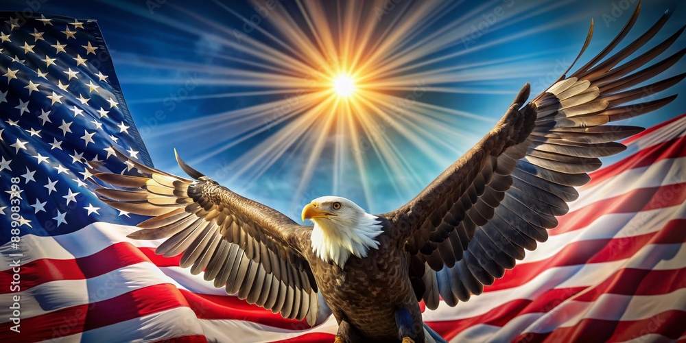 Majestic bald eagle spreads wings in front of vibrant stars and stripes ...