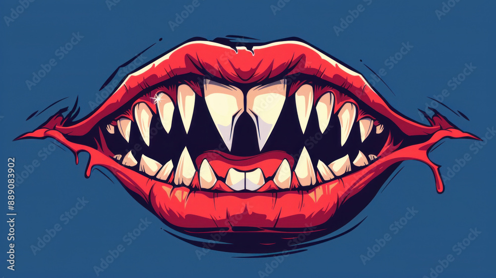 Naklejka premium A funny vampire mouth with sharp teeth on a blue background. Perfect for Halloween cards, banners, prints, and posters.