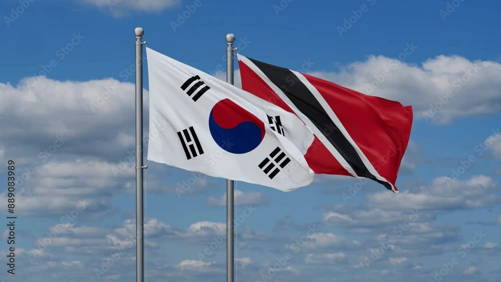 Trinidad and Tobago and South Korea flags flying together, video concept of the relationship, two country cooperation concept Trinidad and Tobago and South Korea flags flying together, video concept of the relationship, two country cooperation concept