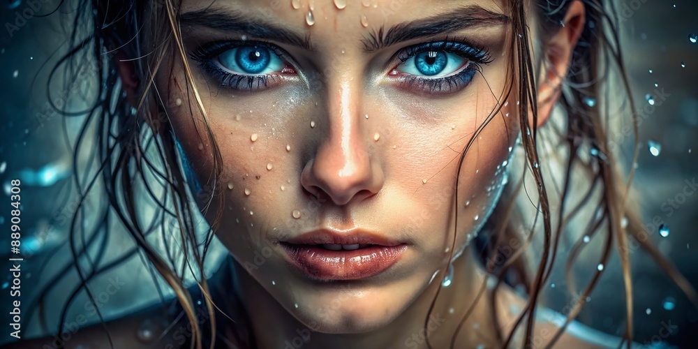 Intense gaze of a stunning young woman with piercing blue eyes and glistening wet skin, conveying a sense of strength and mystery in a serene atmosphere. Intense gaze of a stunning young woman with piercing blue eyes and glistening wet skin, conveying a sense of strength and mystery in a serene atmosphere.