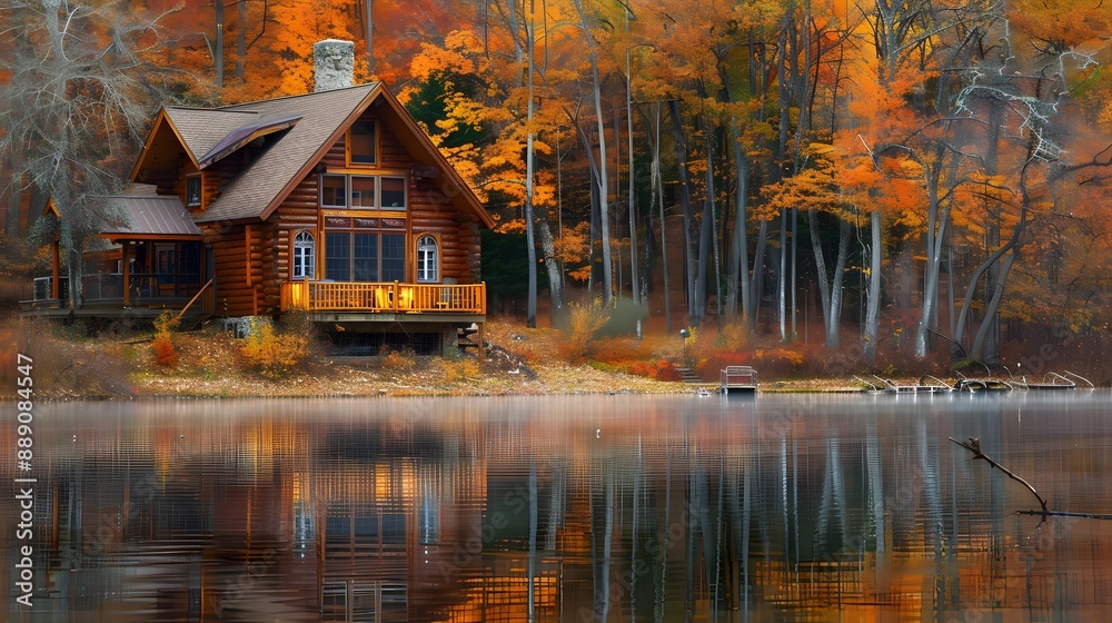 Log cabin by the lake in the woods, water reflections in fall, secluded lake house getaway Log cabin by the lake in the woods, water reflections in fall, secluded lake house getaway