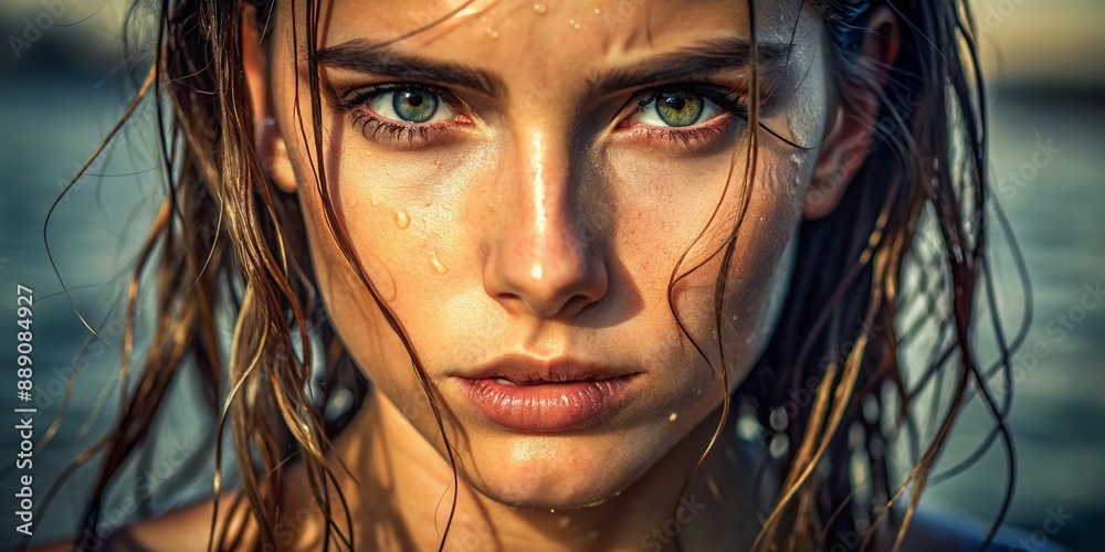 Close-up of a determined young woman with dripping wet hair and radiant skin, gazing directly at the camera with an intense, serious gaze.