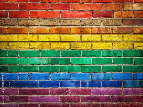 Vibrant rainbow stripes boldly painted on a rustic brick wall, symbolizing diversity, hope, and unity, perfect for pride month celebrations and LGBTQ+ themes. photo