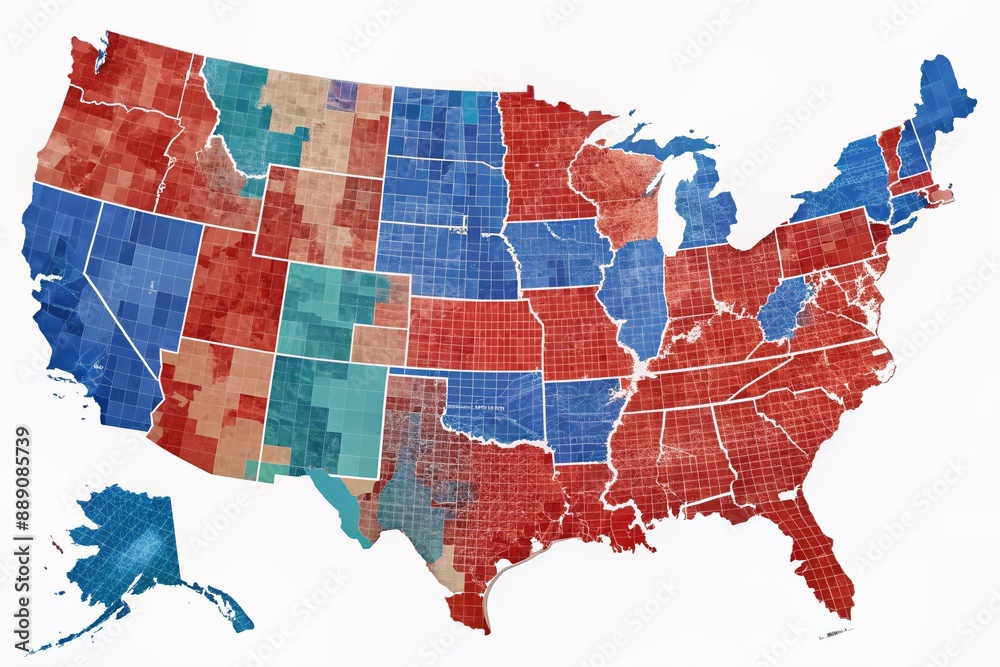A meticulously illustrated map of the United States highlights crucial electoral districts, counties, and swing states, providing an in-depth visual analysis for policymakers and researchers.