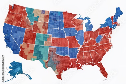 Obraz na płótnie A meticulously illustrated map of the United States highlights crucial electoral districts, counties, and swing states, providing an in-depth visual analysis for policymakers and researchers. w salonie