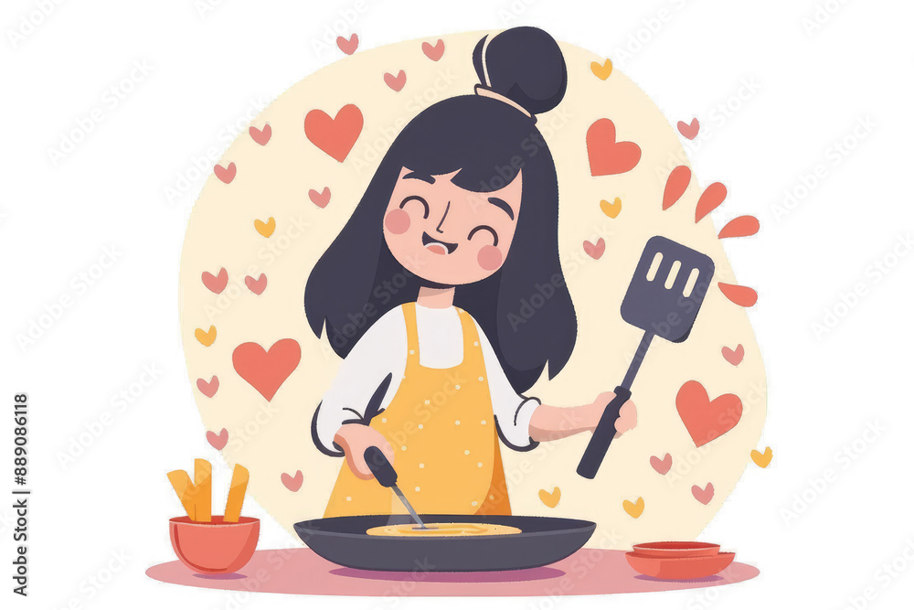 Cheerful cartoon girlfriend flips heart pancakes on a pan Cheerful cartoon girlfriend flips heart pancakes on a pan