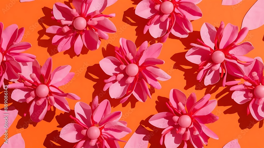 Pink flower pattern on orange background flat lay top view Pink flower pattern on orange background flat lay top view