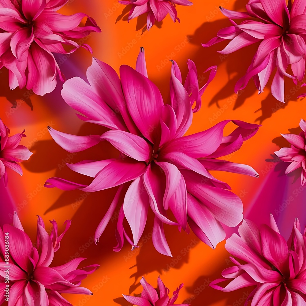 Fototapeta premium Pink flower pattern on orange background flat lay top view
