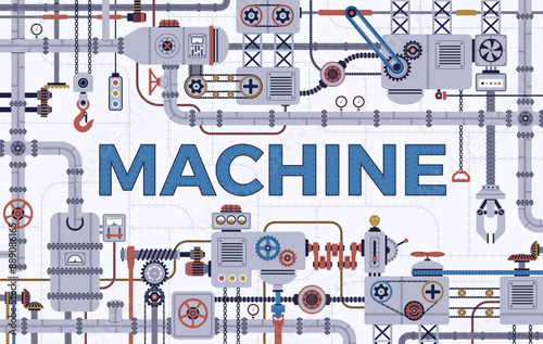 Mechanical industrial parts. Robots mechanisms, steel machinery details, steampunk style frame, technical elements, poster or banner, nowaday vector cartoon flat isolated concept
