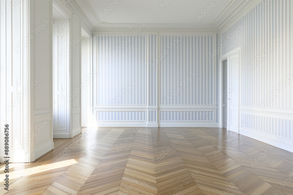 A large room with white walls and a blue stripe A large room with white walls and a blue stripe