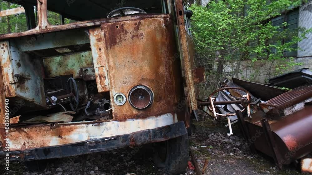 Abandoned bus in the city of Pripyat, Chernobyl exclusion zone Abandoned bus in the city of Pripyat, Chernobyl exclusion zone