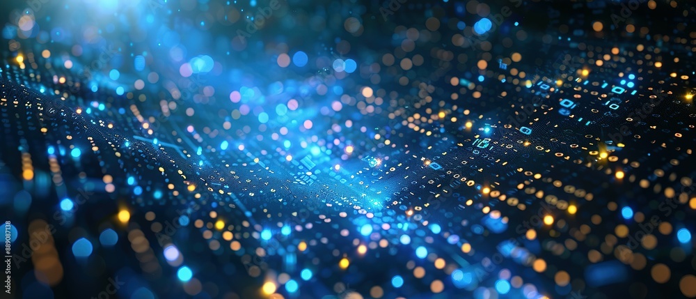 Glowing blue and gold particles form a futuristic technology background Glowing blue and gold particles form a futuristic technology background