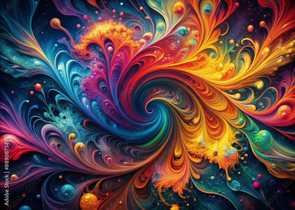 Vibrant splattered ink texture forms intricate swirling patterns on a dark background, creating a mesmerizing abstract design with bold strokes and subtle nuances.
