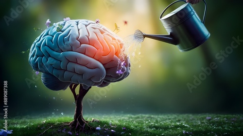 A human brain growing from the roots of a tree, pouring water onto the brain, representing the nurturing of mental health and positive attitude.